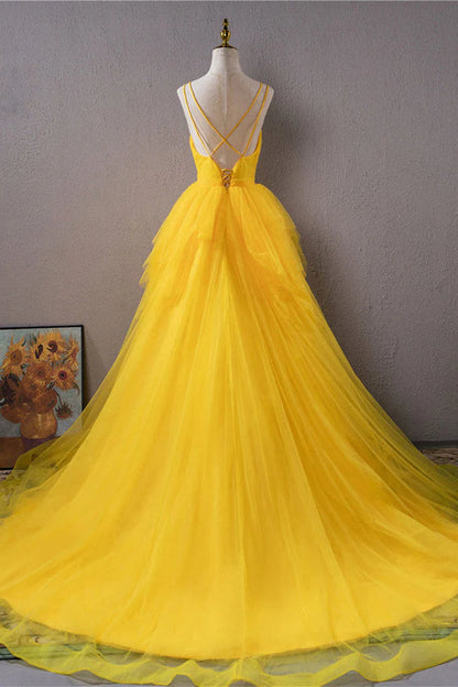 Light Yellow Layers Tulle Long Party Dress, High Low Yellow Formal Evening Dress TP1326