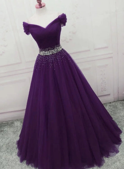 Dark Purple Tulle Beaded Off Shoulder Party Dress, Purple A-line Prom Dress TP1327