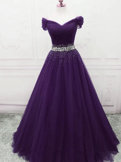 Dark Purple Tulle Beaded Off Shoulder Party Dress, Purple A-line Prom Dress TP1327