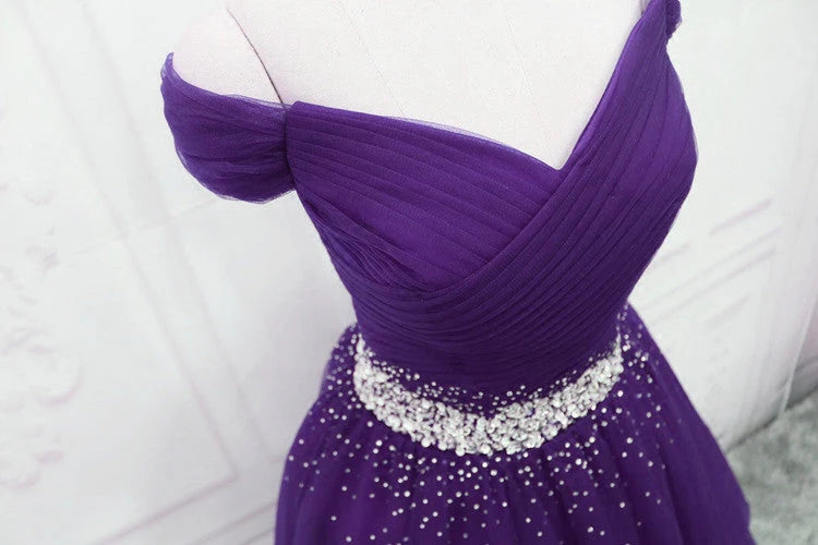 Dark Purple Tulle Beaded Off Shoulder Party Dress, Purple A-line Prom Dress TP1327