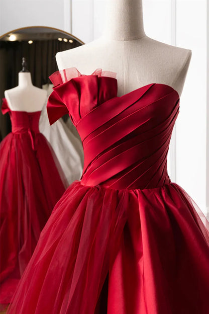 Beautiful Wine Red Sweetheart Tulle and Satin Party Dress, Wine Red Long Formal Dress TP1334