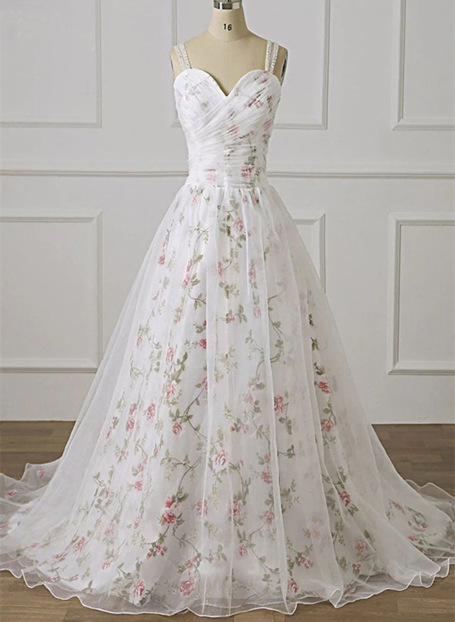 White Tulle Sweetheart Straps Floral Long Party Dress, White Evening Dress Prom Dress TP1336