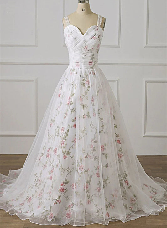 White Tulle Sweetheart Straps Floral Long Party Dress, White Evening Dress Prom Dress TP1336