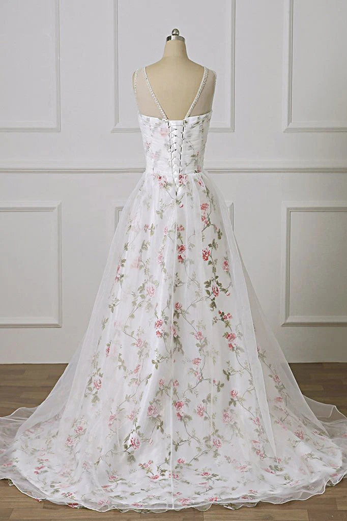 White Tulle Sweetheart Straps Floral Long Party Dress, White Evening Dress Prom Dress TP1336