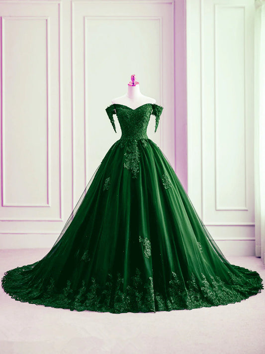 Dark Green Off Shoulder Tulle with Lace Sweet 16 Dress, Dark Green Formal Gowns TP1338
