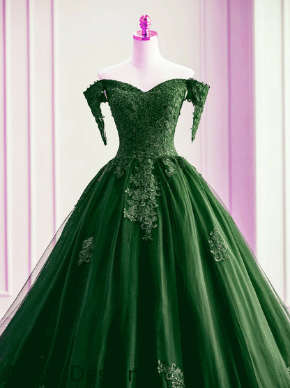 Dark Green Off Shoulder Tulle with Lace Sweet 16 Dress, Dark Green Formal Gowns TP1338