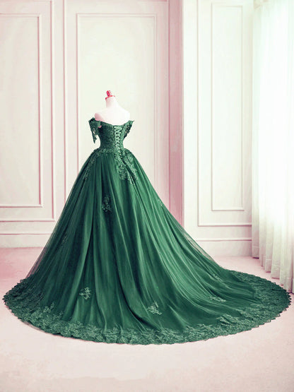 Dark Green Off Shoulder Tulle with Lace Sweet 16 Dress, Dark Green Formal Gowns TP1338