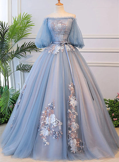 Blue Tulle with Lace Applique Off Shoulder Party Dress, Blue Sweet 16 Dresses TP1341