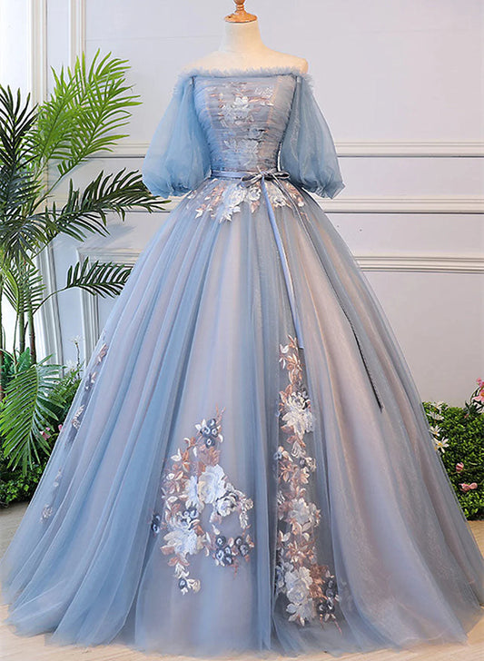 Blue Tulle with Lace Applique Off Shoulder Party Dress, Blue Sweet 16 Dresses TP1341