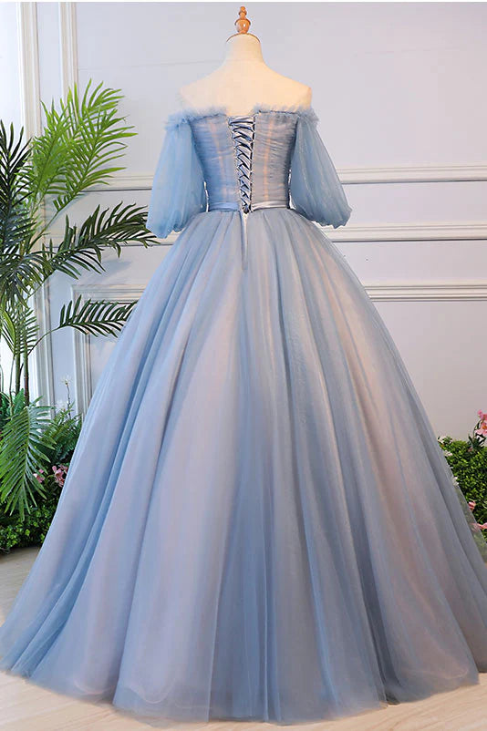 Blue Tulle with Lace Applique Off Shoulder Party Dress, Blue Sweet 16 Dresses TP1341