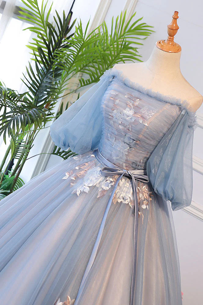 Blue Tulle with Lace Applique Off Shoulder Party Dress, Blue Sweet 16 Dresses TP1341