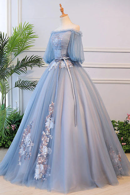 Blue Tulle with Lace Applique Off Shoulder Party Dress, Blue Sweet 16 Dresses TP1341