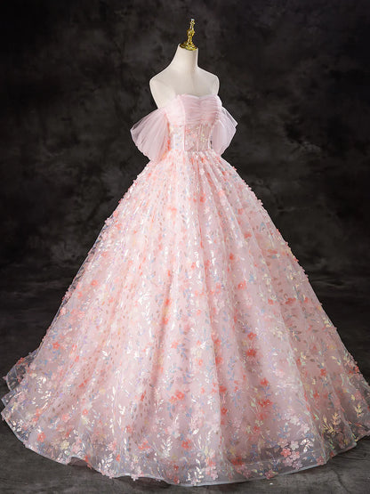 A-Line Pink Tulle Flowers Long Prom Dress, Beautiful Off the Shoulder Evening Party Dress TP1348
