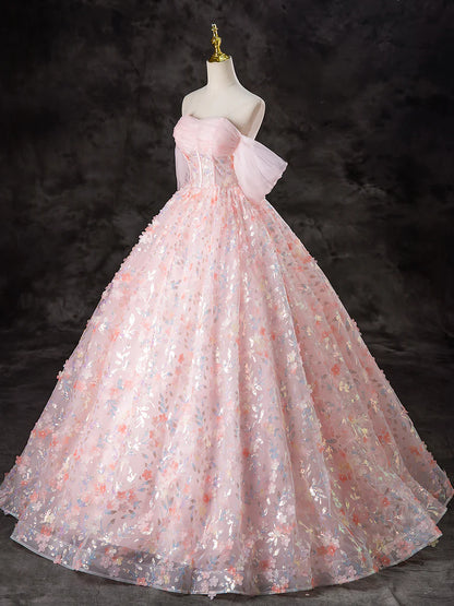 A-Line Pink Tulle Flowers Long Prom Dress, Beautiful Off the Shoulder Evening Party Dress TP1348