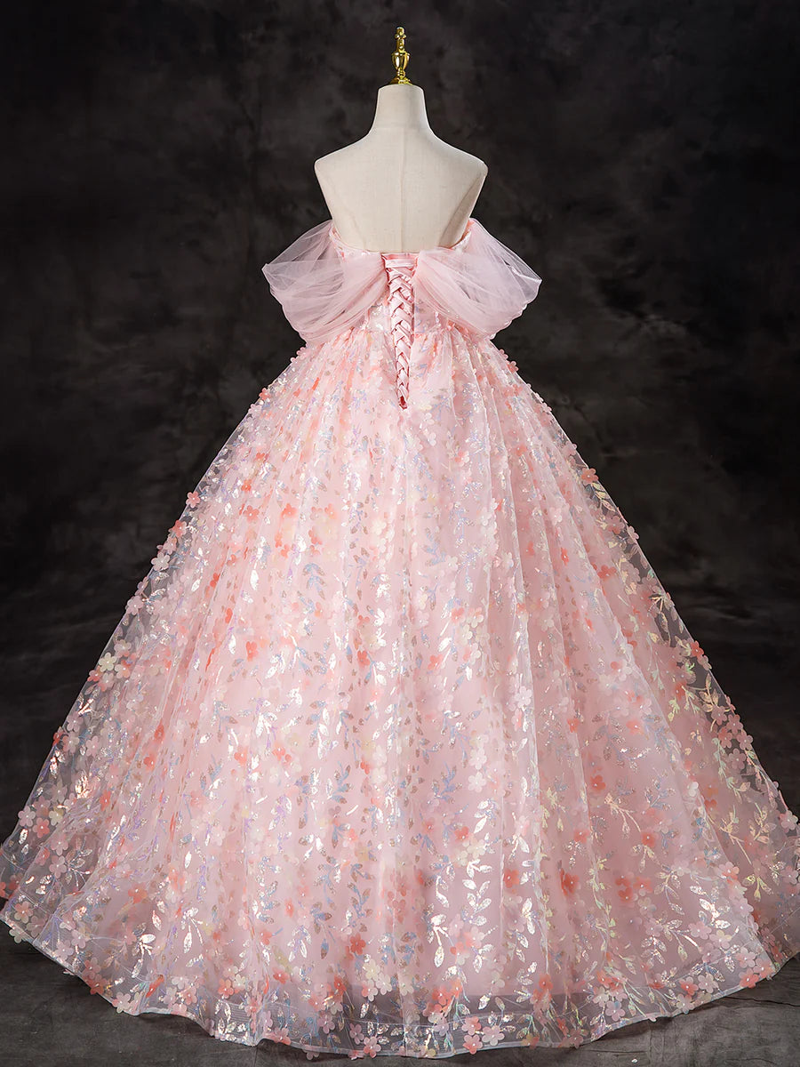 A-Line Pink Tulle Flowers Long Prom Dress, Beautiful Off the Shoulder Evening Party Dress TP1348