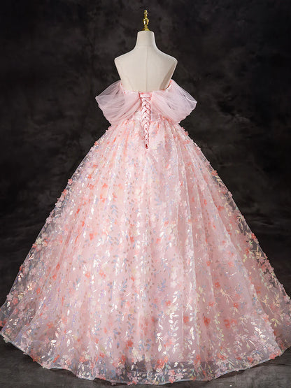A-Line Pink Tulle Flowers Long Prom Dress, Beautiful Off the Shoulder Evening Party Dress TP1348