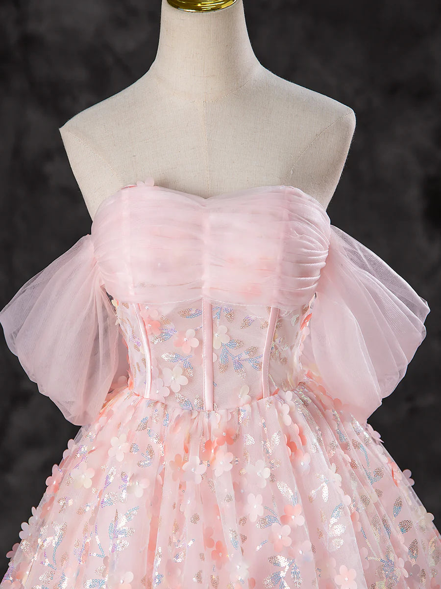 A-Line Pink Tulle Flowers Long Prom Dress, Beautiful Off the Shoulder Evening Party Dress TP1348