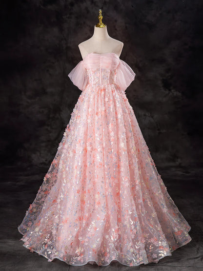 A-Line Pink Tulle Flowers Long Prom Dress, Beautiful Off the Shoulder Evening Party Dress TP1348