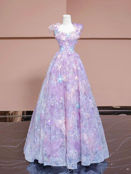 A-Line Purple Tulle Flowers Long Prom Dress, Beautiful Evening Party Dress TP1350
