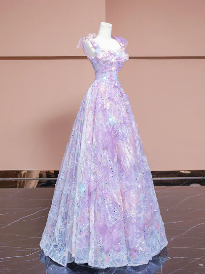 A-Line Purple Tulle Flowers Long Prom Dress, Beautiful Evening Party Dress TP1350