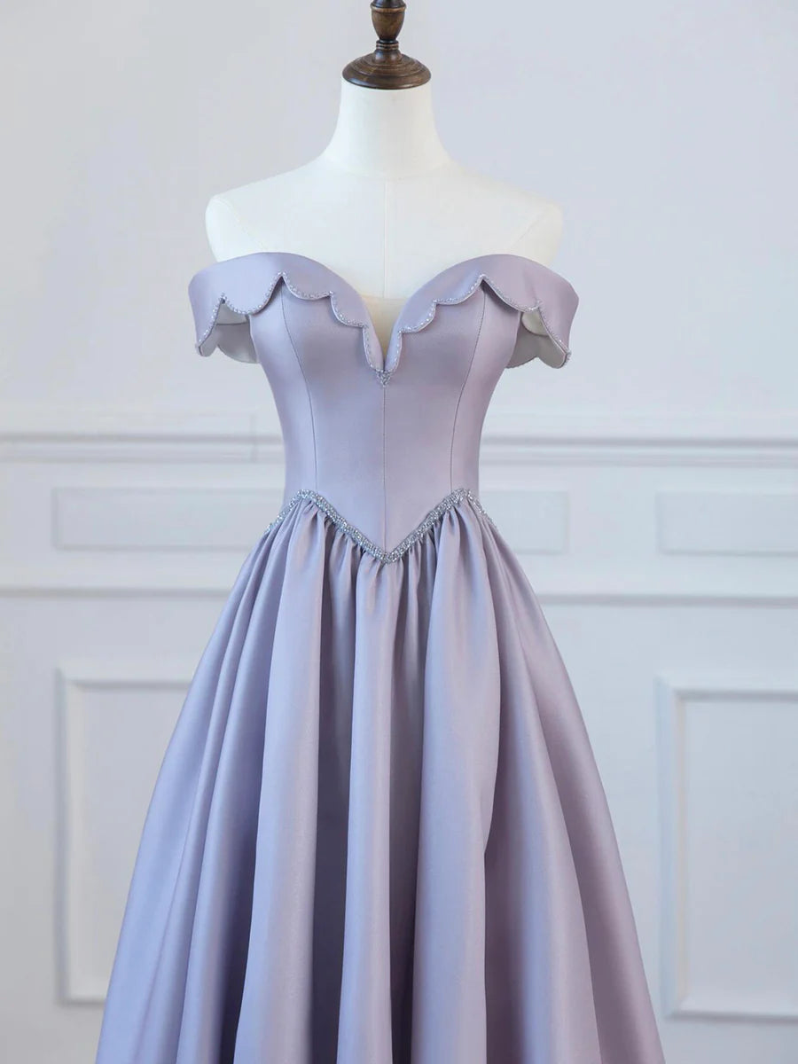 A-Line Satin Floor Length Long Prom Dress, Off the Shoulder Evening Formal Dress TP1351