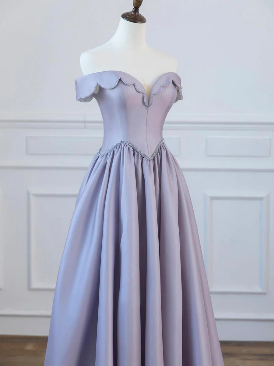 A-Line Satin Floor Length Long Prom Dress, Off the Shoulder Evening Formal Dress TP1351
