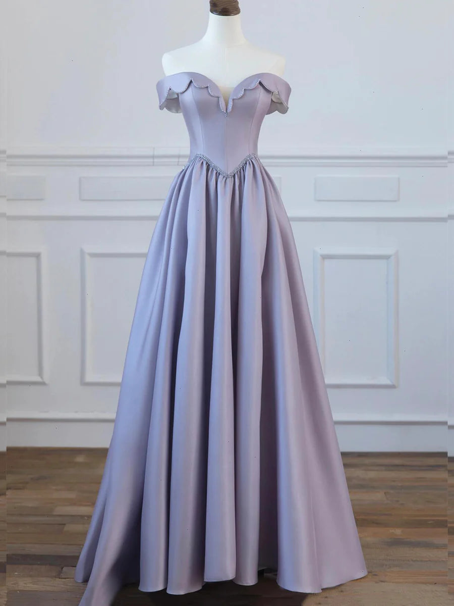 A-Line Satin Floor Length Long Prom Dress, Off the Shoulder Evening Formal Dress TP1351