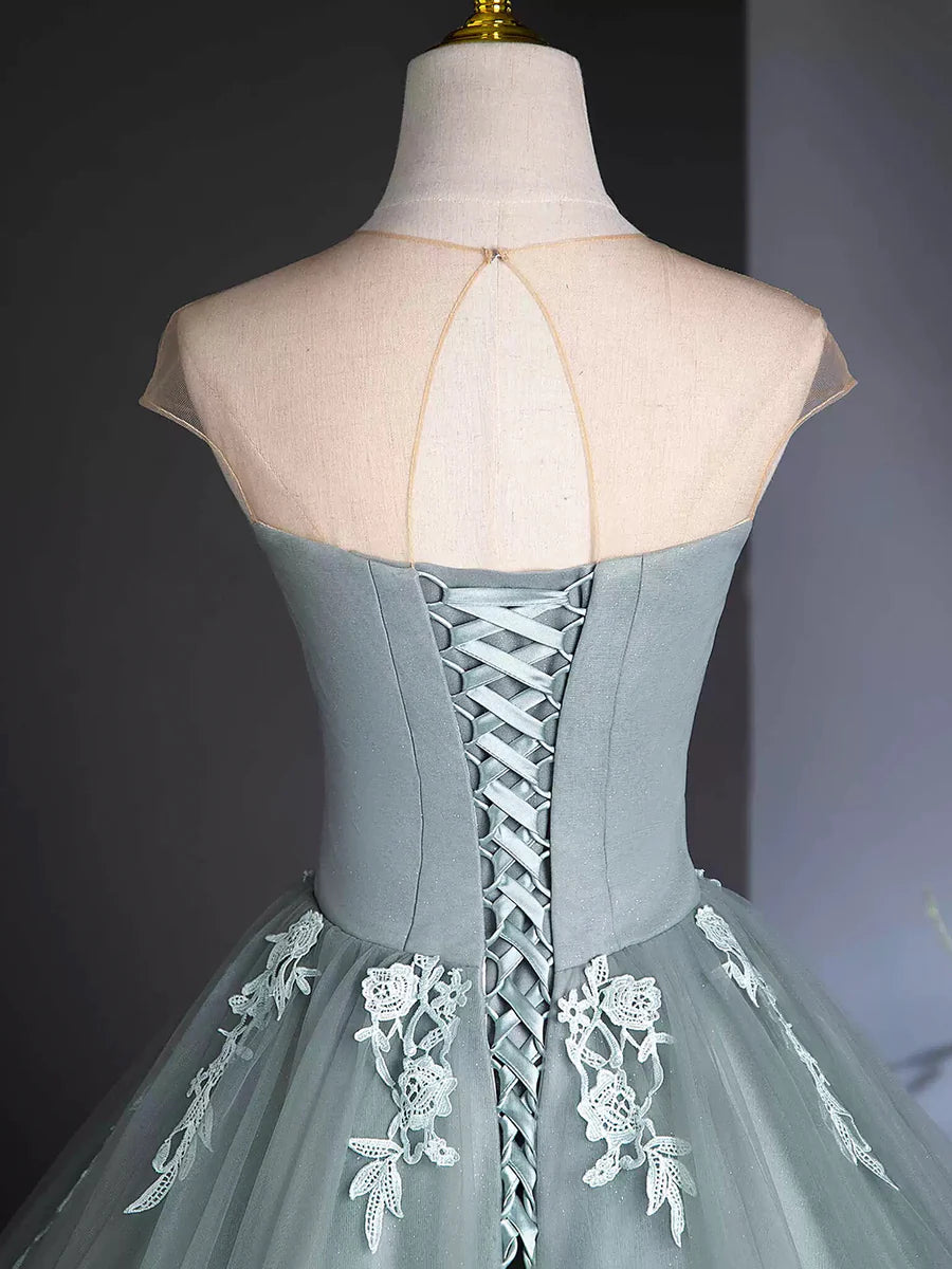 A-Line Scoop Neckline Tulle Floor Length Formal Dress with Lace, Elegant Evening Party Dress TP1352