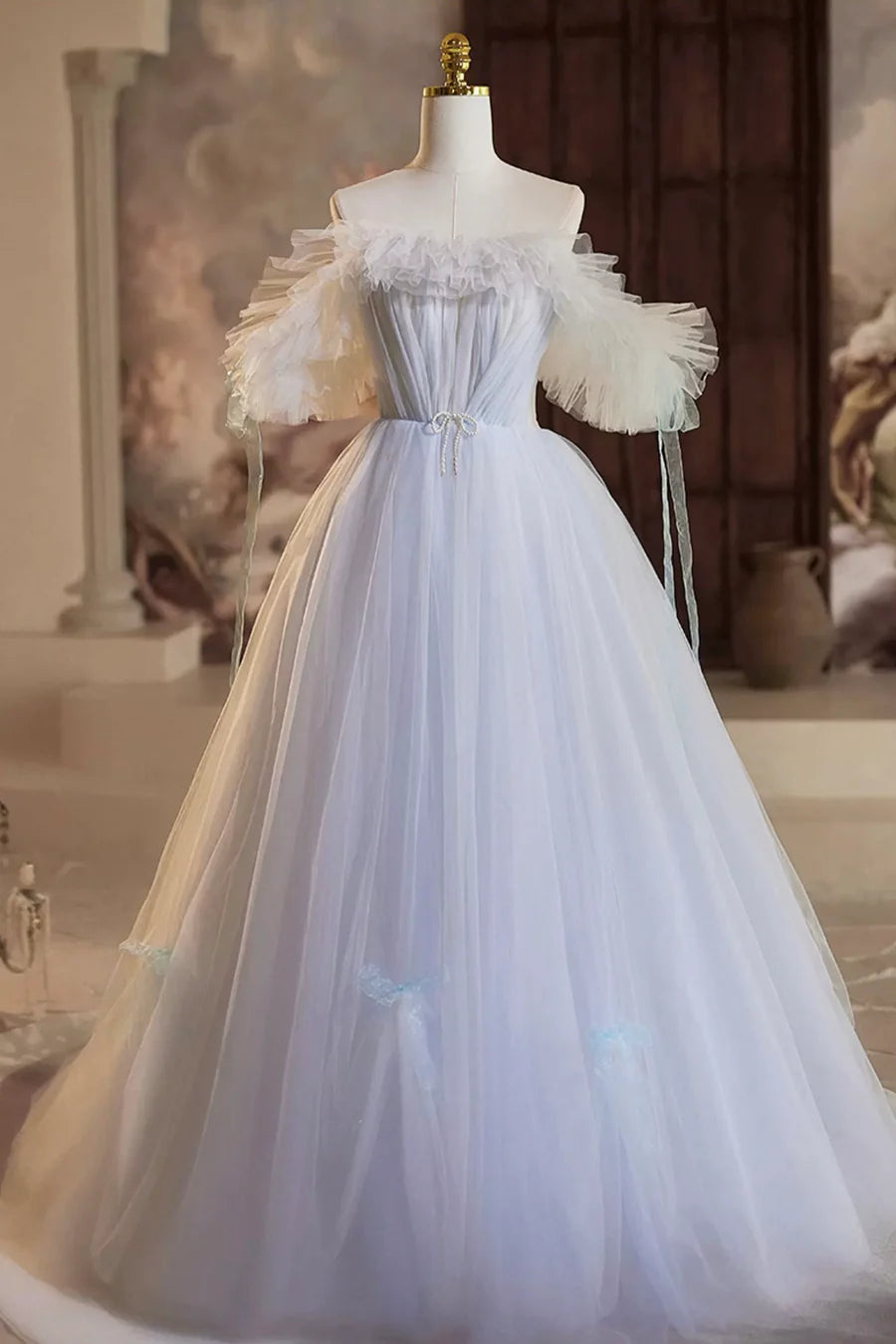 A-Line Tulle Floor Length Prom Dress, Off the Shoulder Blue Evening Party Dress TP1358