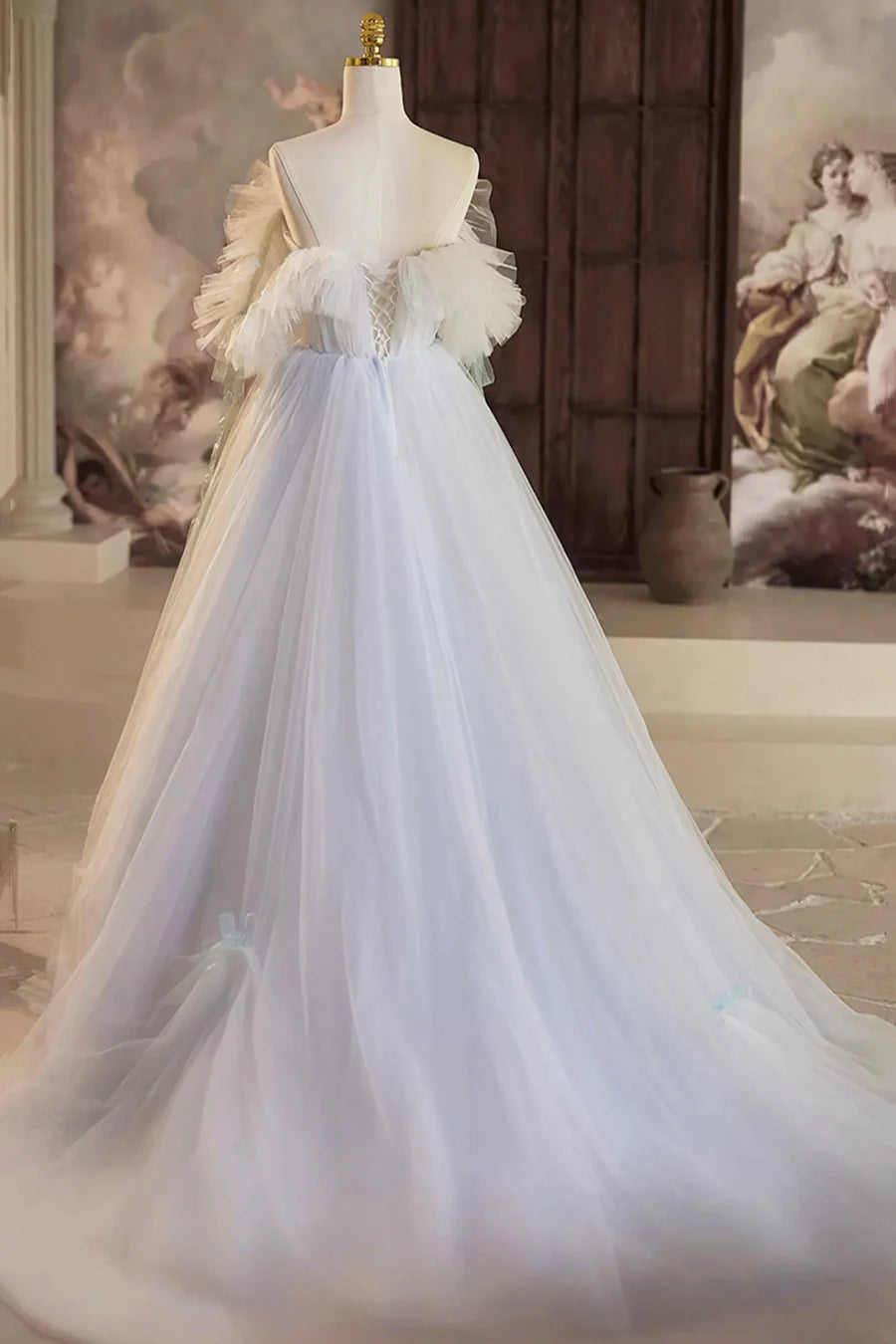 A-Line Tulle Floor Length Prom Dress, Off the Shoulder Blue Evening Party Dress TP1358