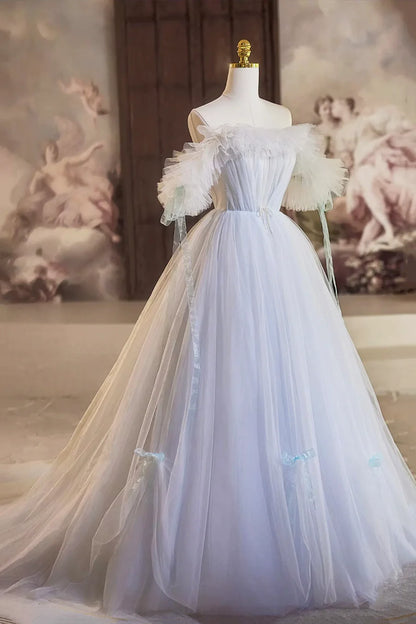 A-Line Tulle Floor Length Prom Dress, Off the Shoulder Blue Evening Party Dress TP1358