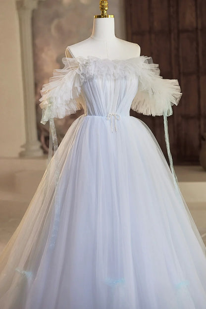 A-Line Tulle Floor Length Prom Dress, Off the Shoulder Blue Evening Party Dress TP1358