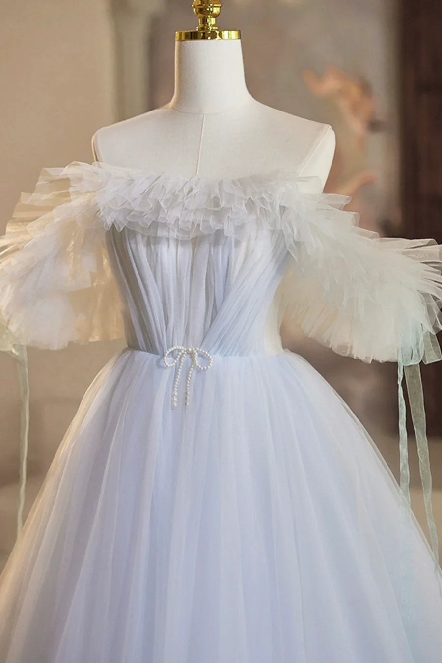 A-Line Tulle Floor Length Prom Dress, Off the Shoulder Blue Evening Party Dress TP1358
