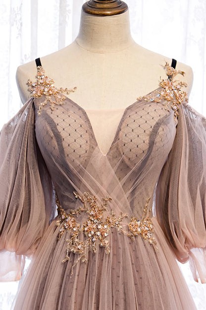 A-Line Tulle Long Prom Dresses, Lace Evening Dresses TP1362