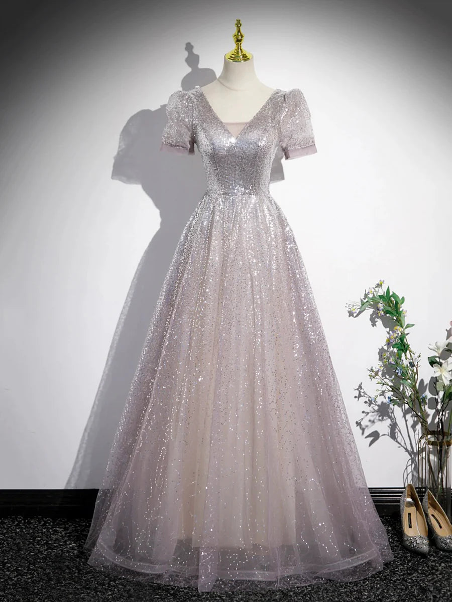 A-Line Tulle Sequins Floor Length Prom Dress, Beautiful Short Sleeve Party Dress TP1366