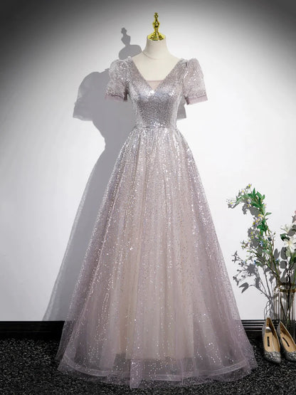 A-Line Tulle Sequins Floor Length Prom Dress, Beautiful Short Sleeve Party Dress TP1366