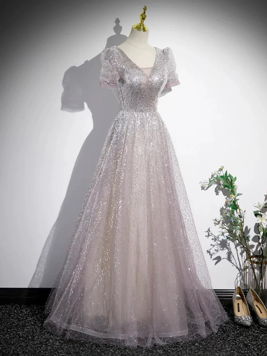 A-Line Tulle Sequins Floor Length Prom Dress, Beautiful Short Sleeve Party Dress TP1366