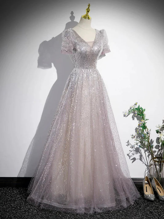A-Line Tulle Sequins Floor Length Prom Dress, Beautiful Short Sleeve Party Dress TP1366