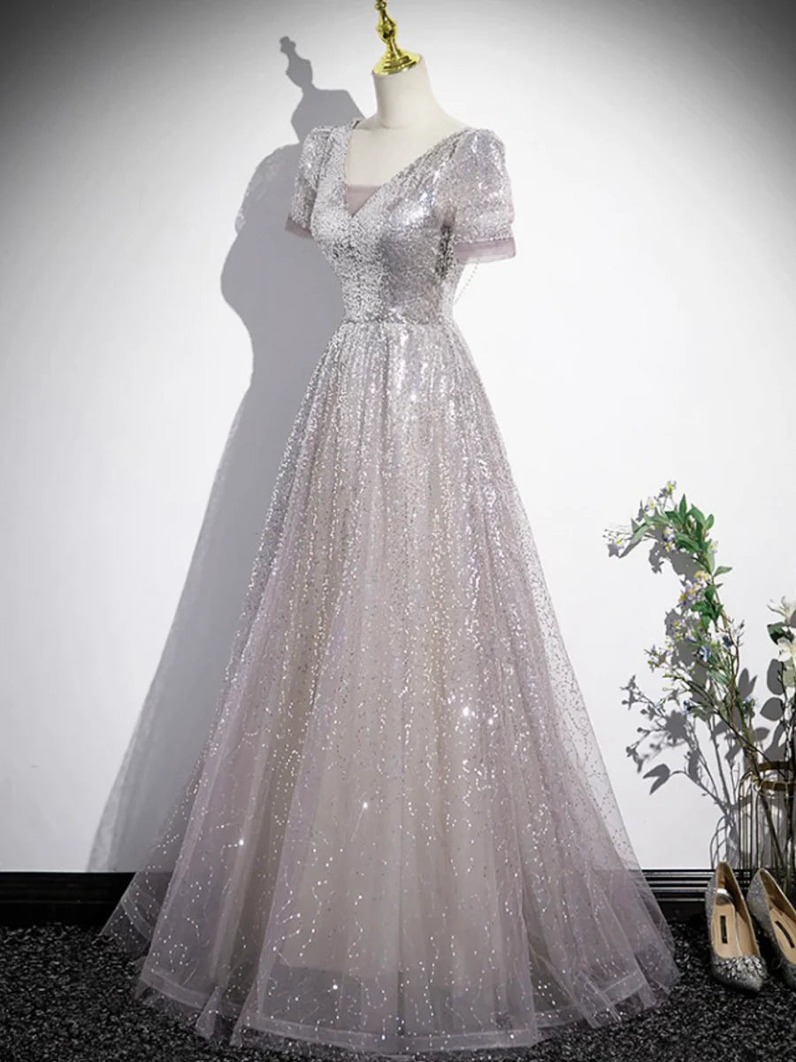 A-Line Tulle Sequins Floor Length Prom Dress, Beautiful Short Sleeve Party Dress TP1366