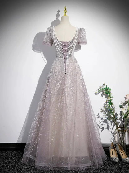 A-Line Tulle Sequins Floor Length Prom Dress, Beautiful Short Sleeve Party Dress TP1366