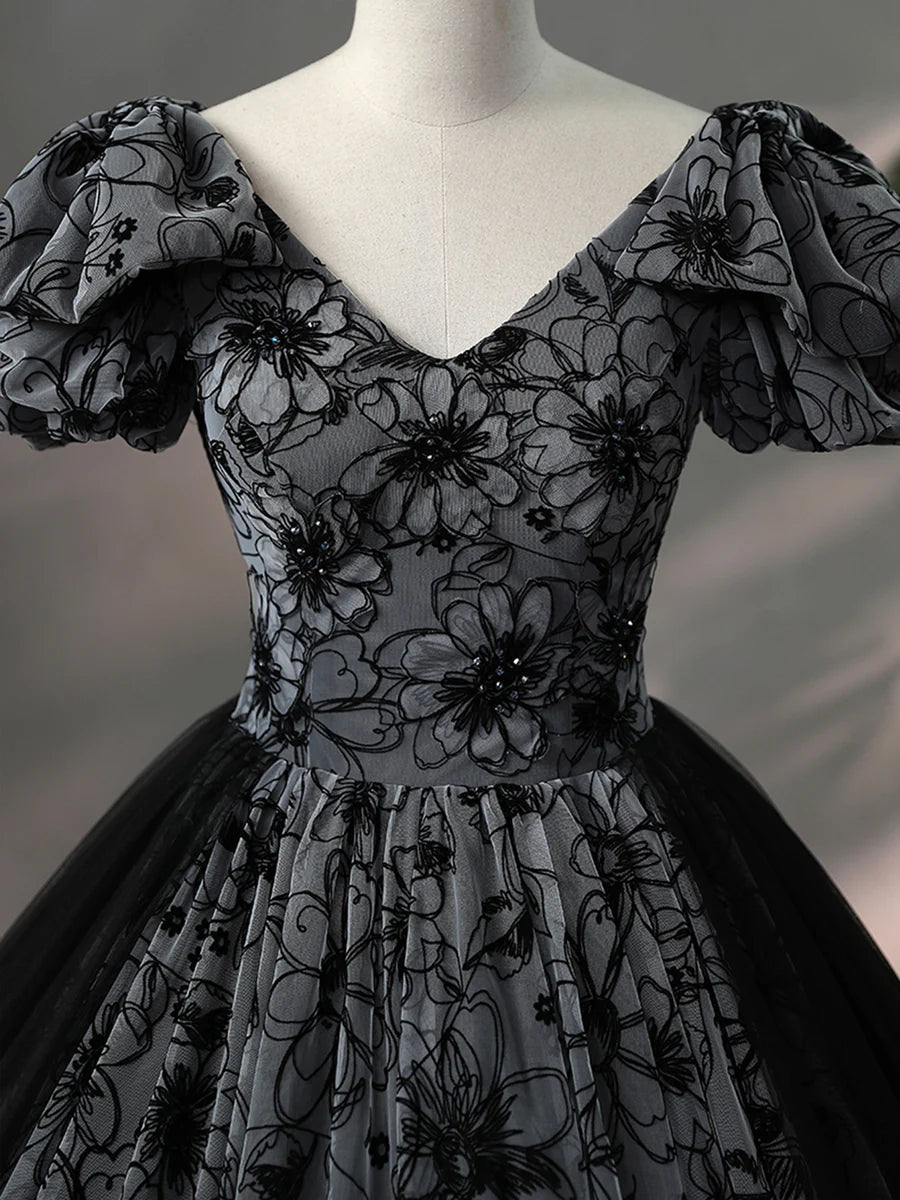 Beautiful Black Rhinestone Flower Prom Dress, Black V-Neck Short Sleeve Evening Dress TP1367