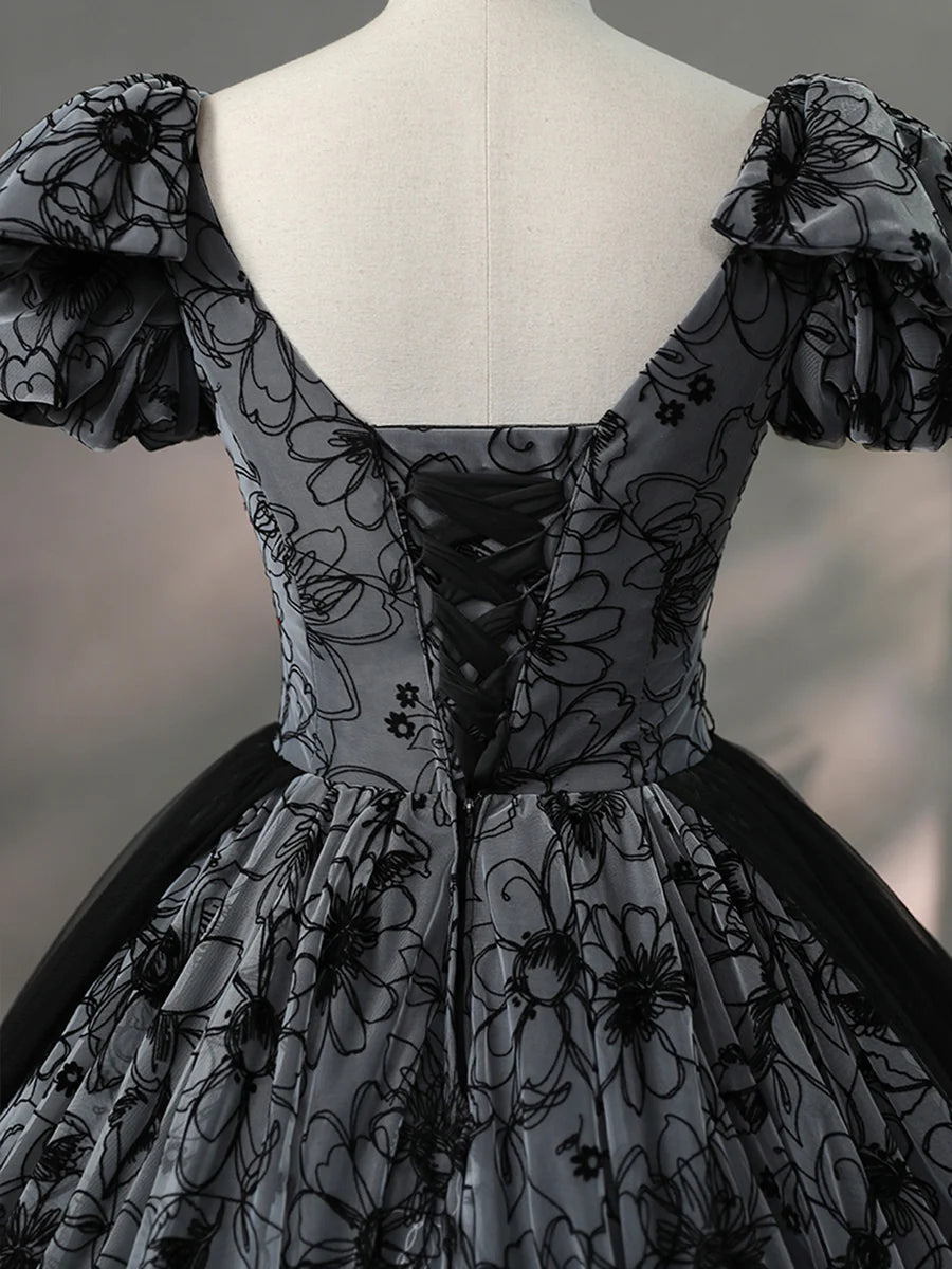 Beautiful Black Rhinestone Flower Prom Dress, Black V-Neck Short Sleeve Evening Dress TP1367