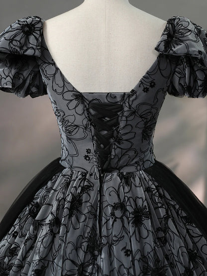 Beautiful Black Rhinestone Flower Prom Dress, Black V-Neck Short Sleeve Evening Dress TP1367