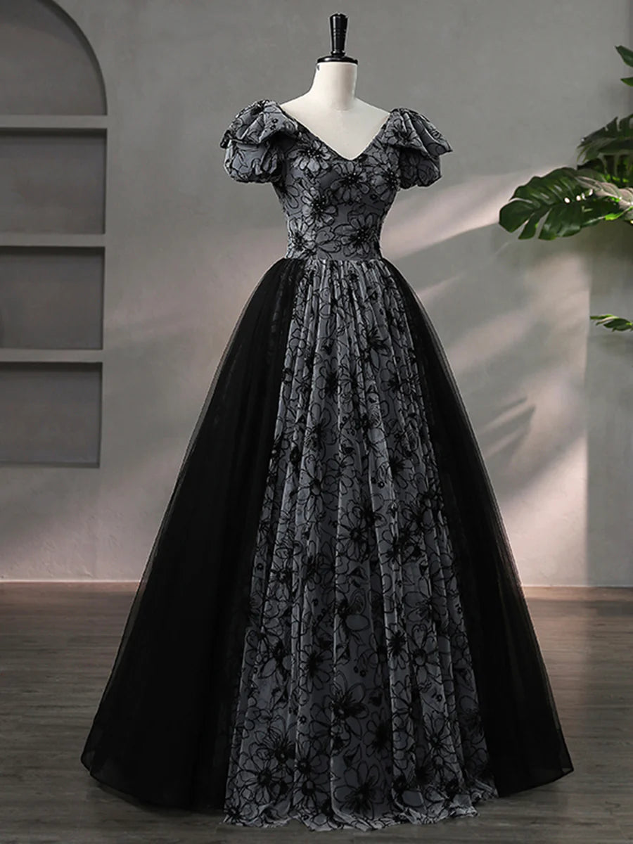 Beautiful Black Rhinestone Flower Prom Dress, Black V-Neck Short Sleeve Evening Dress TP1367