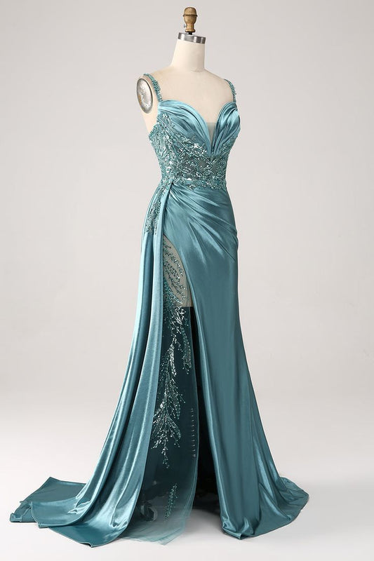 Mermaid V-Neck Satin Long Appliques Sequin Prom Dress With Slit TP1373