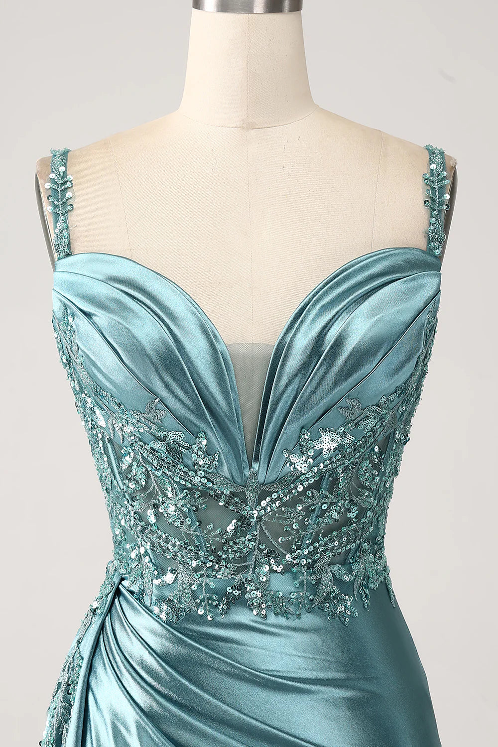 Mermaid V-Neck Satin Long Appliques Sequin Prom Dress With Slit TP1373