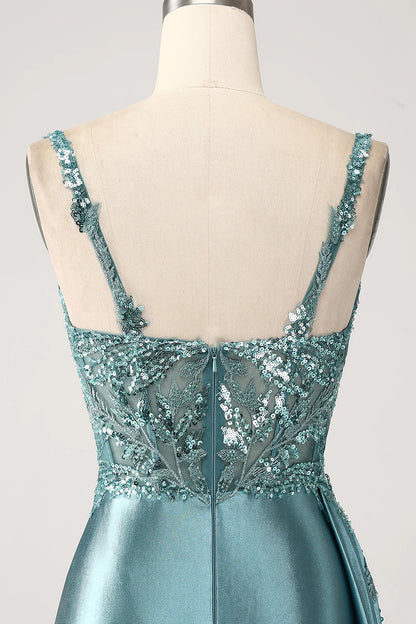 Mermaid V-Neck Satin Long Appliques Sequin Prom Dress With Slit TP1373