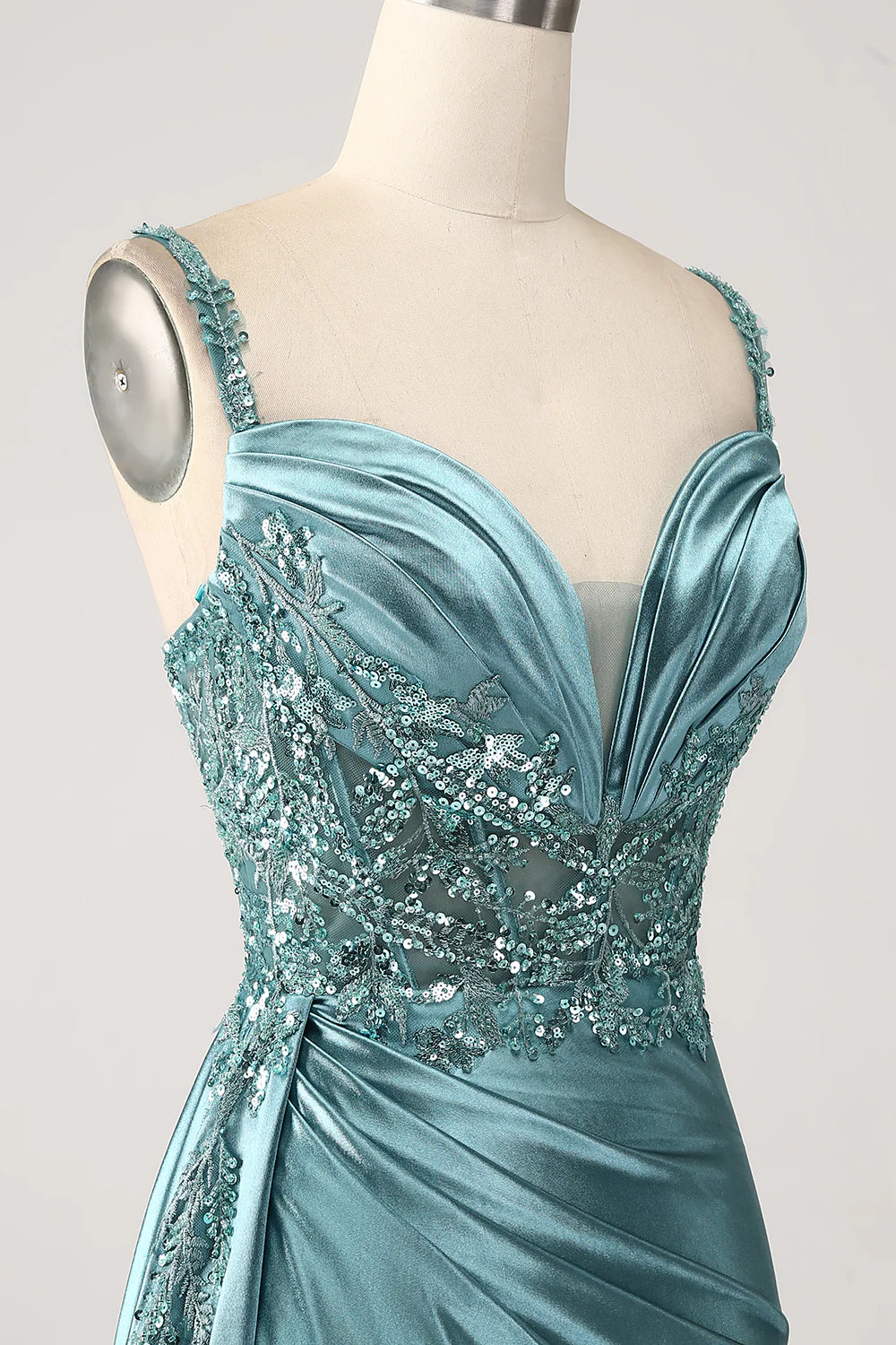 Mermaid V-Neck Satin Long Appliques Sequin Prom Dress With Slit TP1373