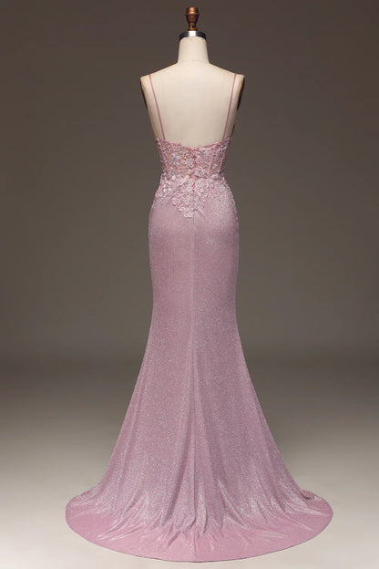 Glitter Blush Mermaid Spaghetti Straps Long Prom Dress with Beading TP1377