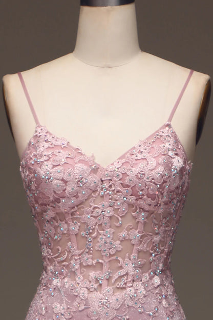 Glitter Blush Mermaid Spaghetti Straps Long Prom Dress with Beading TP1377